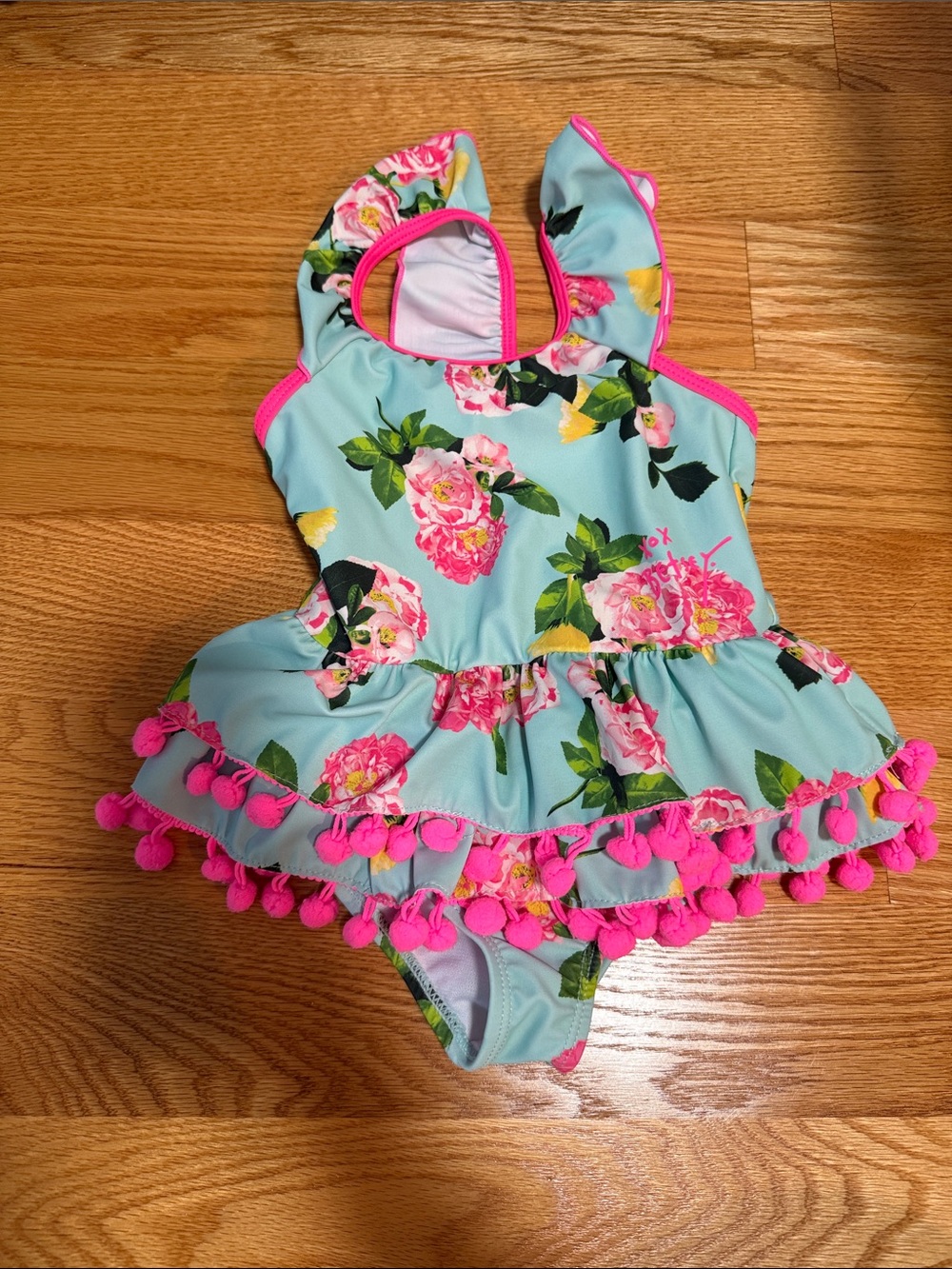 Kids Floral One-Piece Swimsuit with Pink Pom Trim
